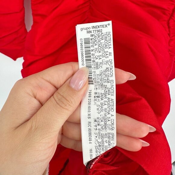 ZARA Draped Ruched V-Neck Mini Dress Gathered Puff Sleeve in Red Women's XS - Picture 7 of 11